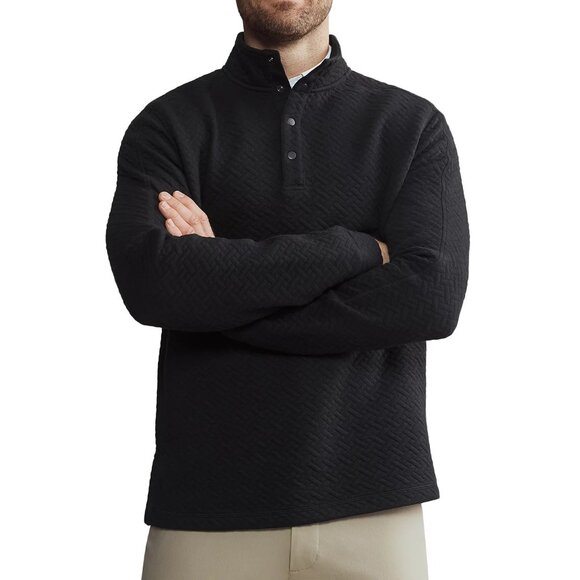 Rhone Men's Weekender Pullover Quilted Sweater 4 Snap Mock Collar Zip Side Black - Picture 1 of 5